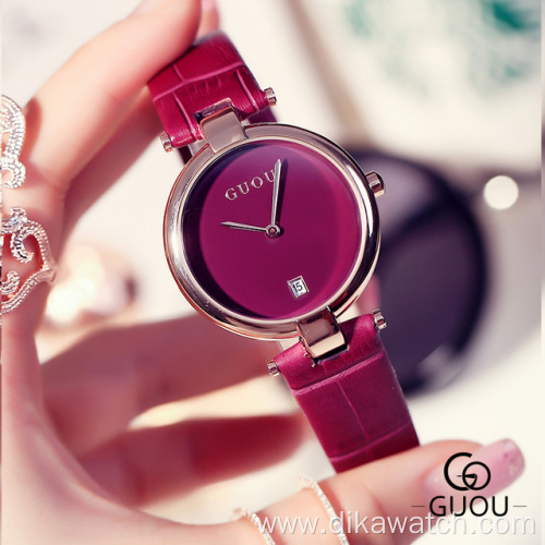 GUOU Waterproof Women Watches Small Disc Dial Leather Female Watch Luxury Simple Quartz Ladies Watches Wristwatch with Auto Date